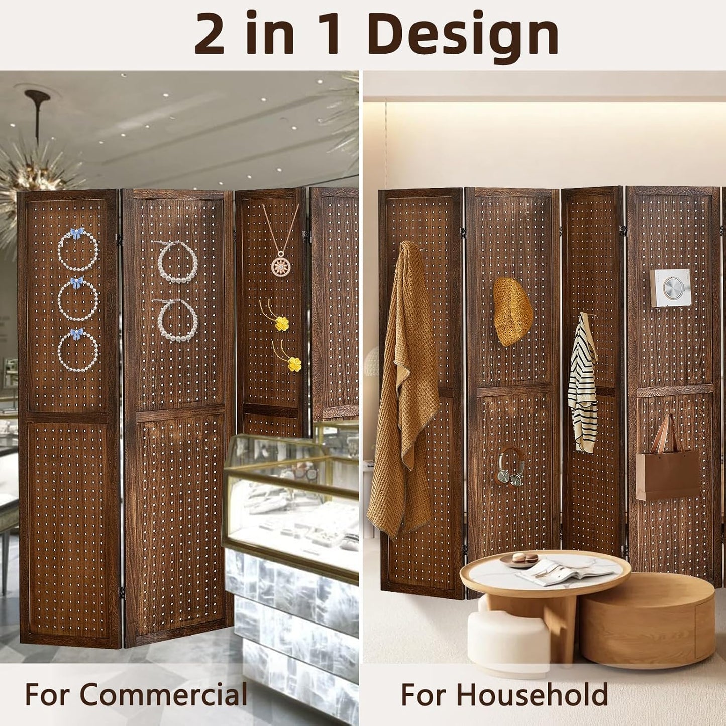 6 Panel Pegboard Display with 24 Hooks, Privacy Dividers for Rooms, Wooden Room Divider Wall and Folding Privacy Screens, Pegboard Room Divider, Bedroom, Balcony, Dark Brown