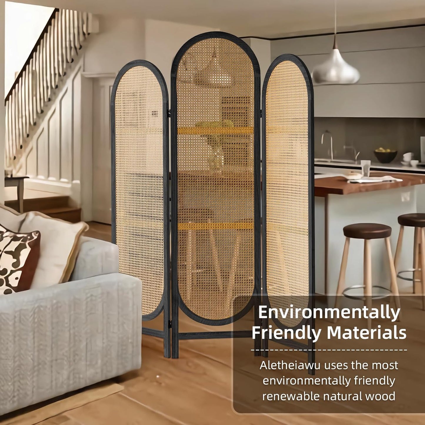 Hand-Woven Rattan Room Divider 3 Panels, 5.9 Ft Tall Wood Room Divider Panel, Partition Screen Divider Wall, Folding Privacy Screen, Wall Divider for Room Separation Home Office - Black