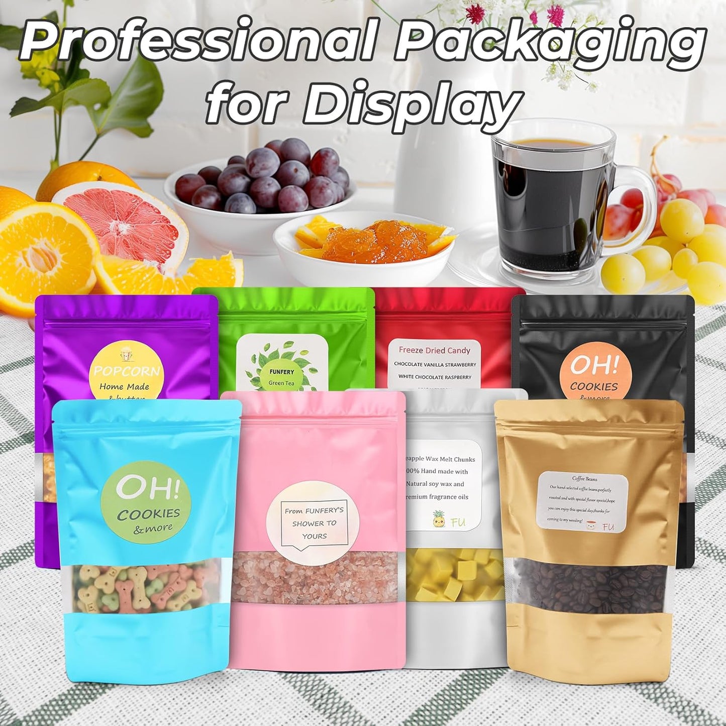 Funfery 100 Pcs Black 4x6 Smell Proof Packaging Bags,Mylar Clear Bags for Food Storage,Sealable Bag for Packaging,Stand Up Pouches with Window,ReSealable Bag for Small Business,Cookies,Candy