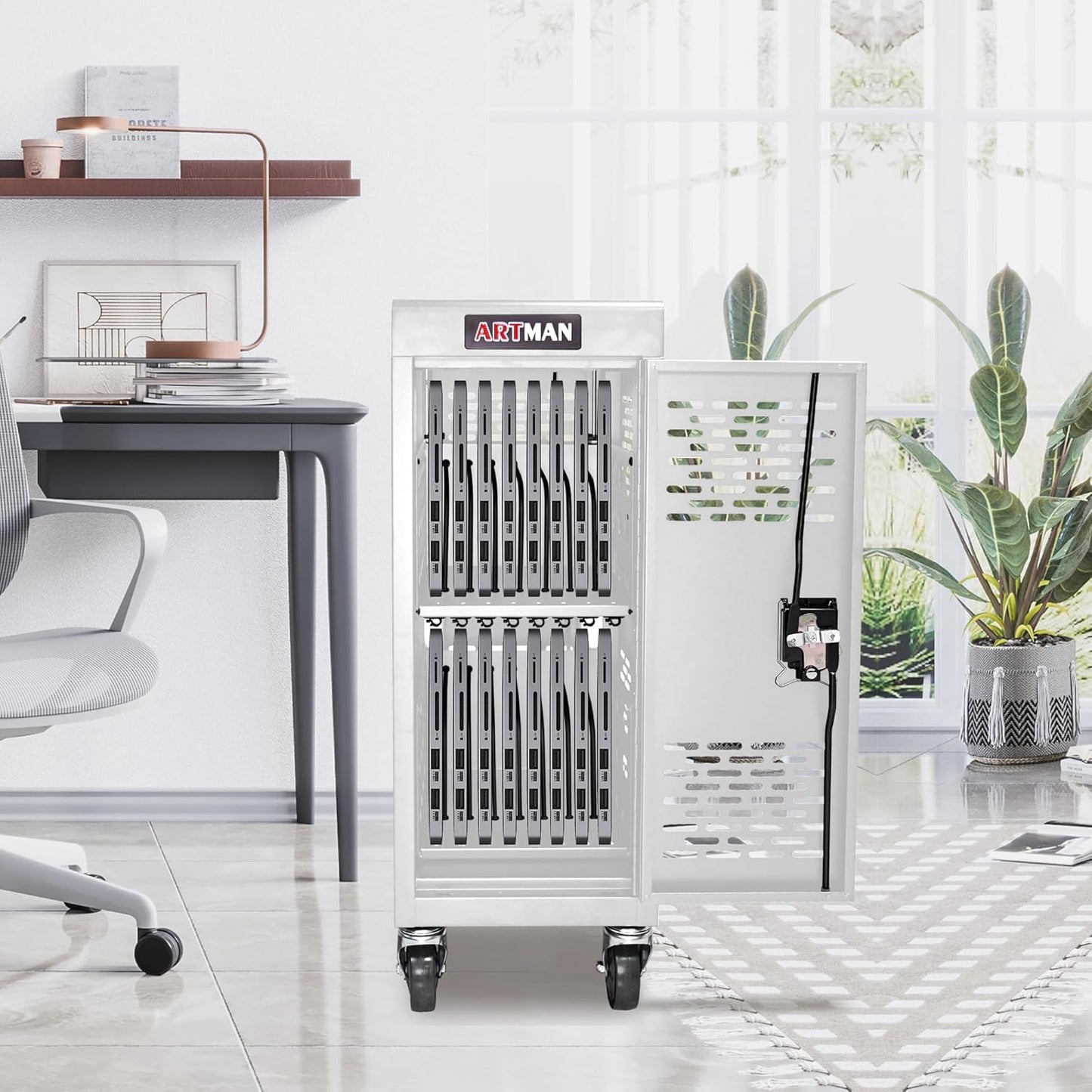 16 Device Mobile Charging Station for Laptops/Tablets/iPads/Chromebooks,16 Bay Lockable Charging Cabinet with Cable Management & Power Strip Included, Laptop & Tablet Storage Carts,Easy Assembly