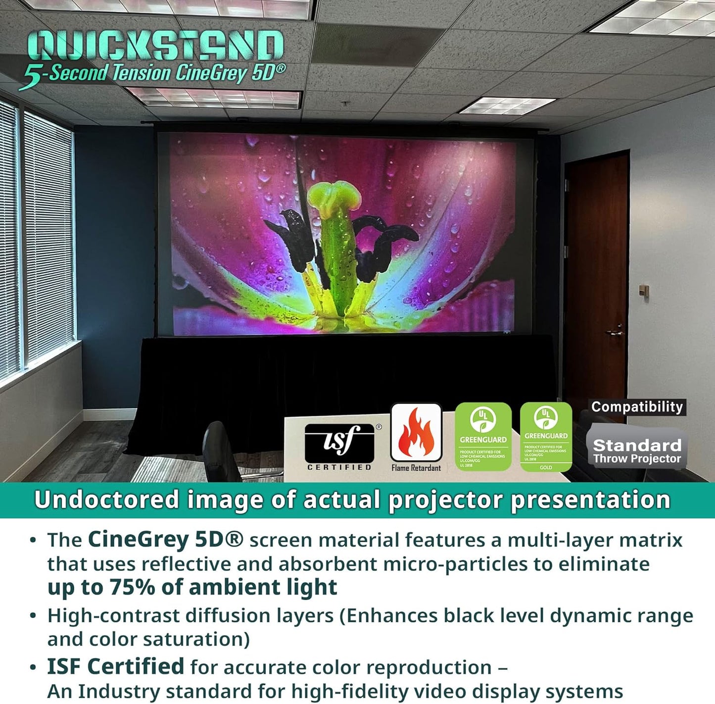 Elite Screens ALR/CLR QuickStand 5-Second Tab-Tension C5D, 145-inch Diag. 16:9, Manual Pull Up Projector Screen, ISF Material Ceiling Ambient Light Rejecting Movie 8K 4K Home Theater, QS145HT-C5D