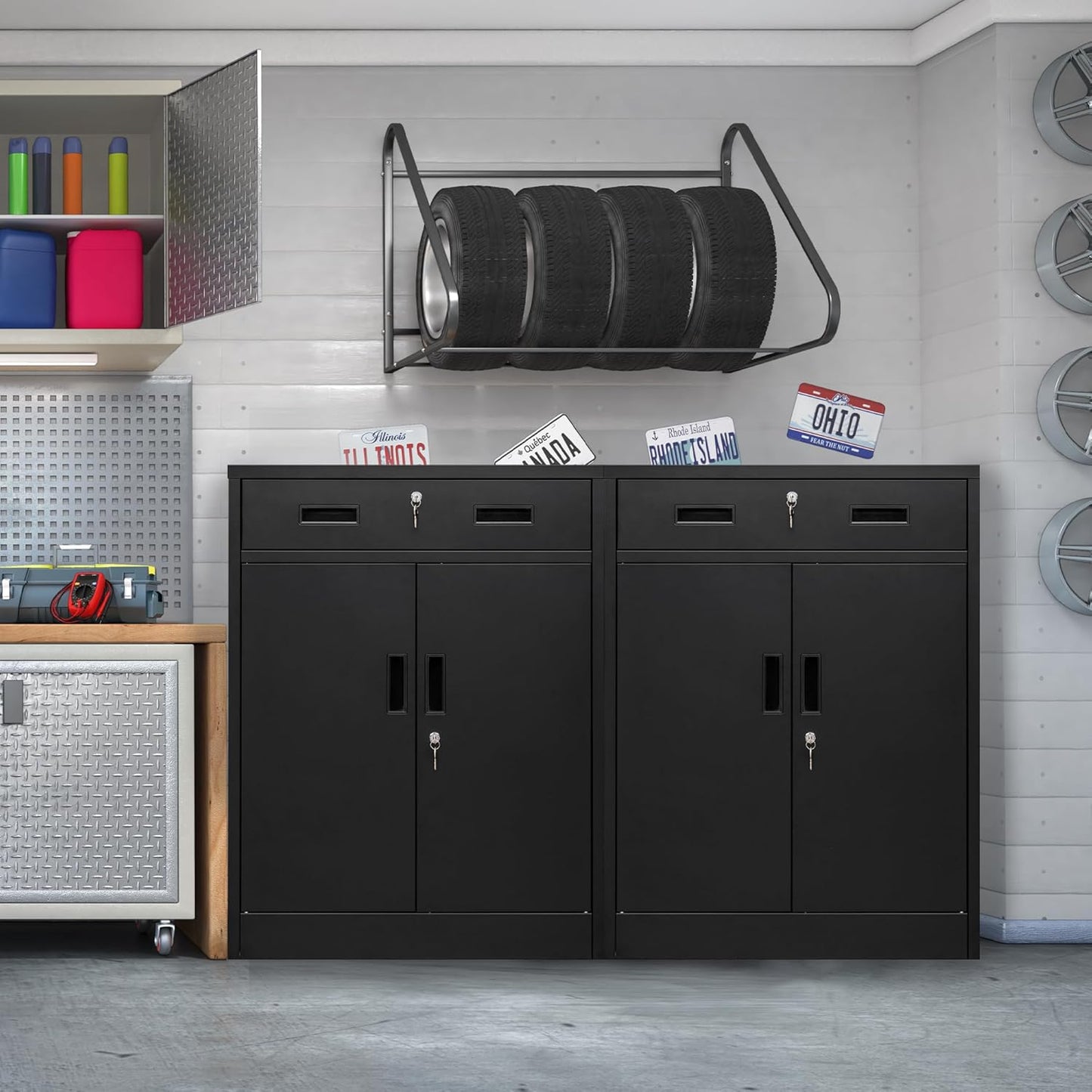 CMY Metal Storage Cabinet, Locking Storage Cabinet with One Drawer and Adjustable Shelf, 36.2" H x 28" W x 16" D Metal Cabinet for Office, Garage, Home-Black