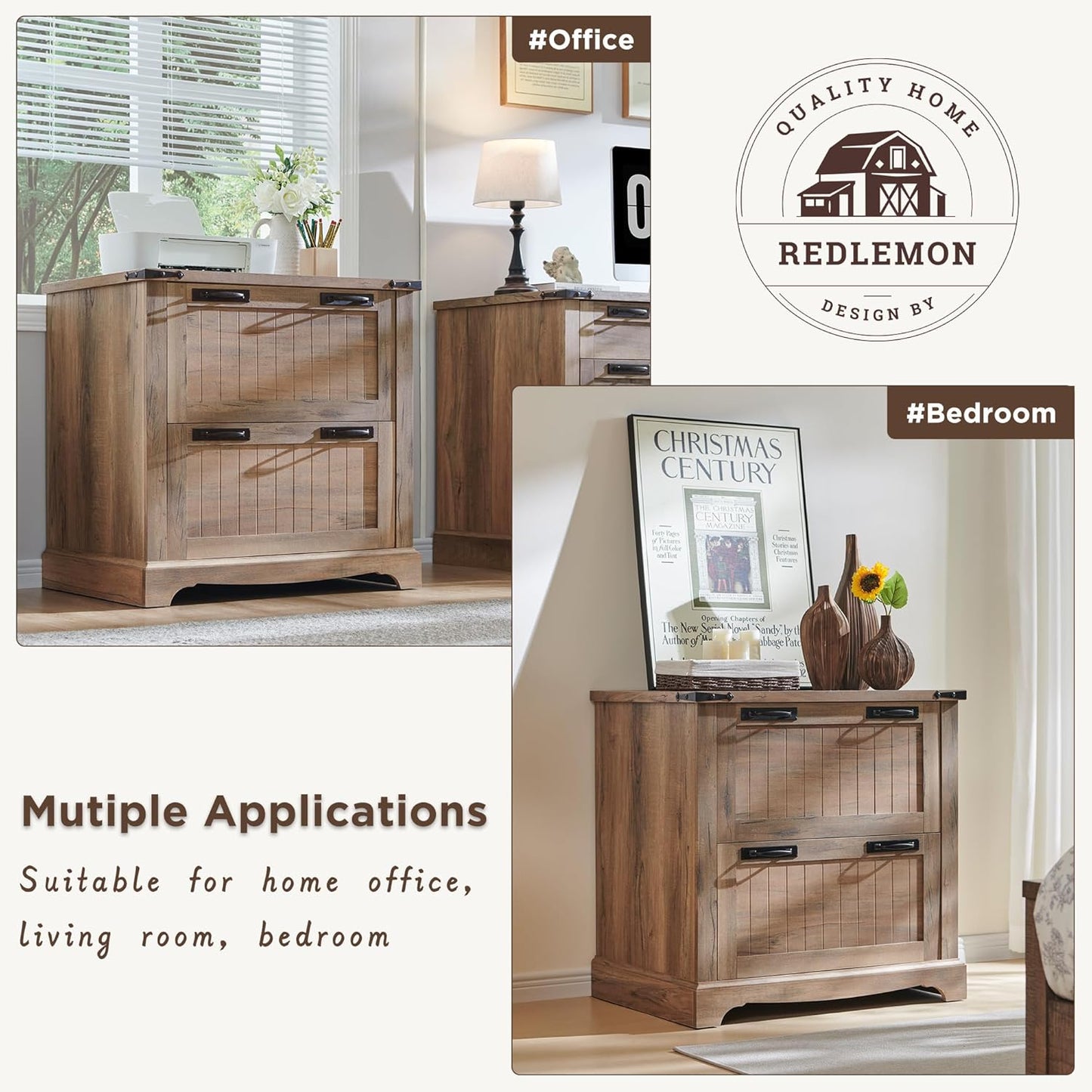 RedLemon Farmhouse Filing Cabinets with 2 Drawers, 30" File Cabinets w/Hanging File Folders for A4/Letter/Legal Size Documents, Office Storage Cabinet for Study Room, Living Room (Rustic Natural Oak)