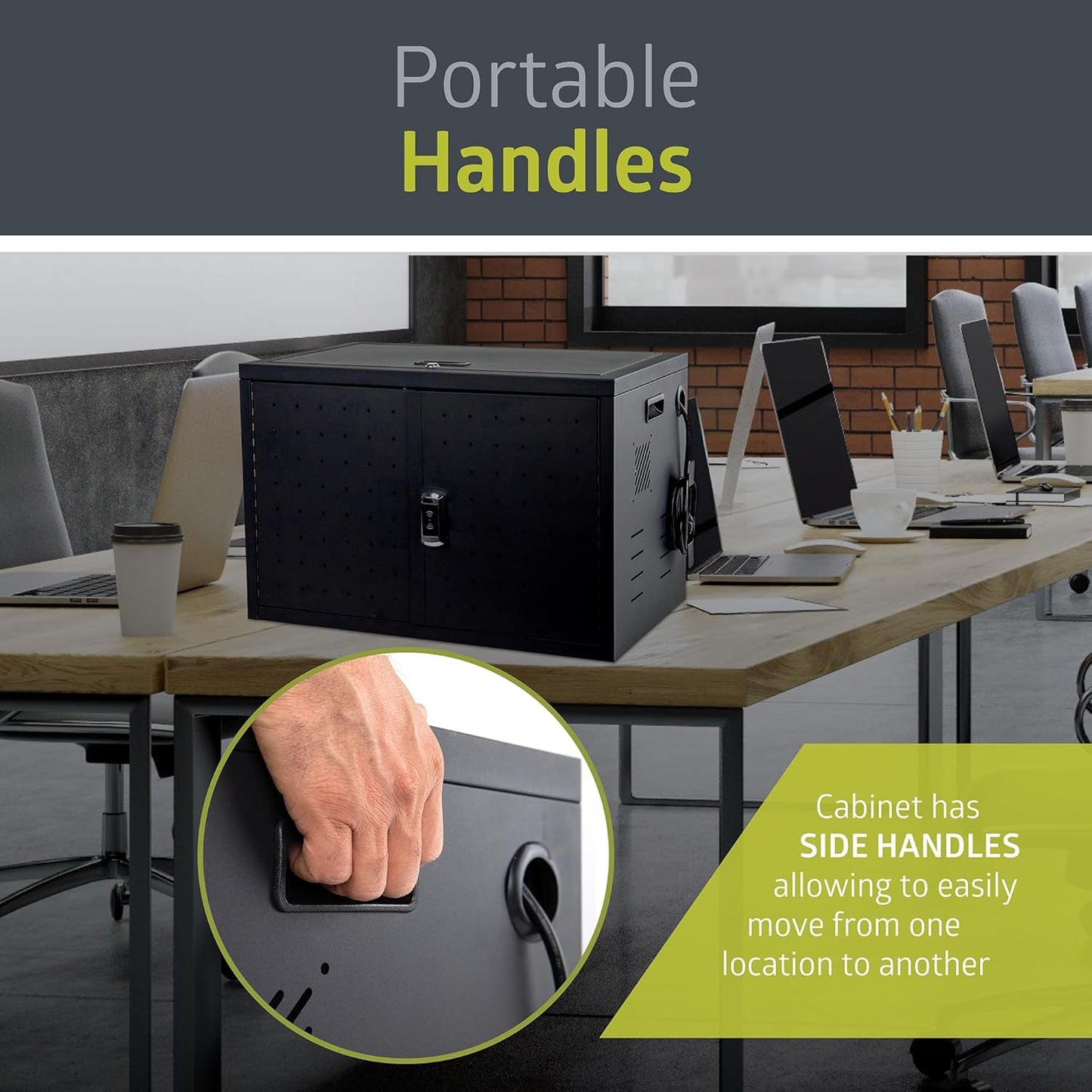 Pearington 16 Device Portable Table Top Charging and Storage Cabinet for iPads, Chromebooks and Laptop Computers, Up to 17-inch Screen Size, Bonus Shelf, Side Handles, Locking Front Door, Cable Clips