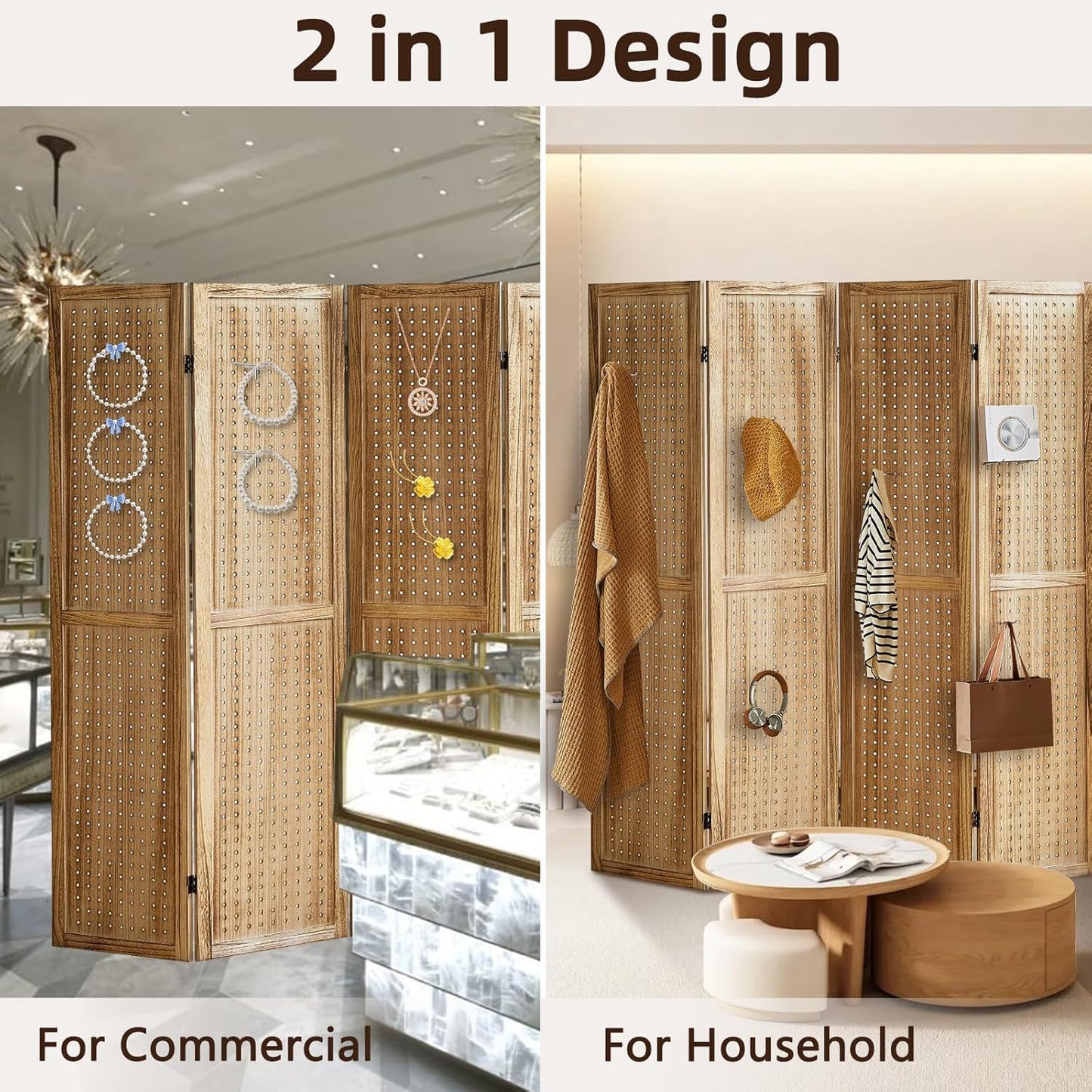 4 Panel Pegboard Display with 16 Hooks, Wooden Room Divider Wall and Folding Privacy Screens, Privacy Dividers for Rooms, Pegboard Room Divider, Jewelry Store, Bedroom, Balcony, Light Brown