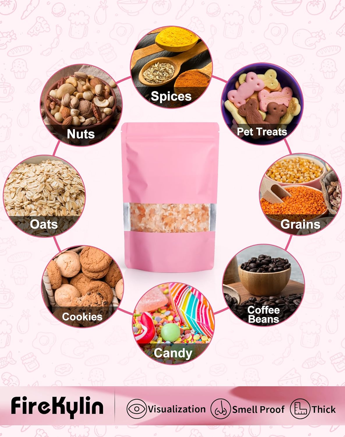 FireKylin 100 Pack Smell Proof Bags 5.5" x 7.8", Resealable Bags with Matte Window, Foil Pouch Stand Up Sealable Bags for Packaging(Pink)