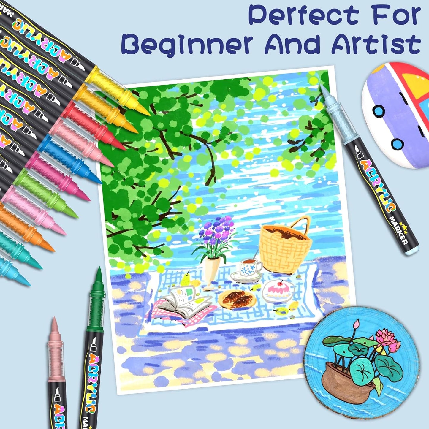 90 Colors Acrylic Paint Pens Markers, No-Bleed Brush Tip Acrylic Markers with Automatic Ink Control System, for Stone, Wood, Canvas, Ceramic, Glass, Metal, Rock Painting, DIY Crafts Art Supplies Kit