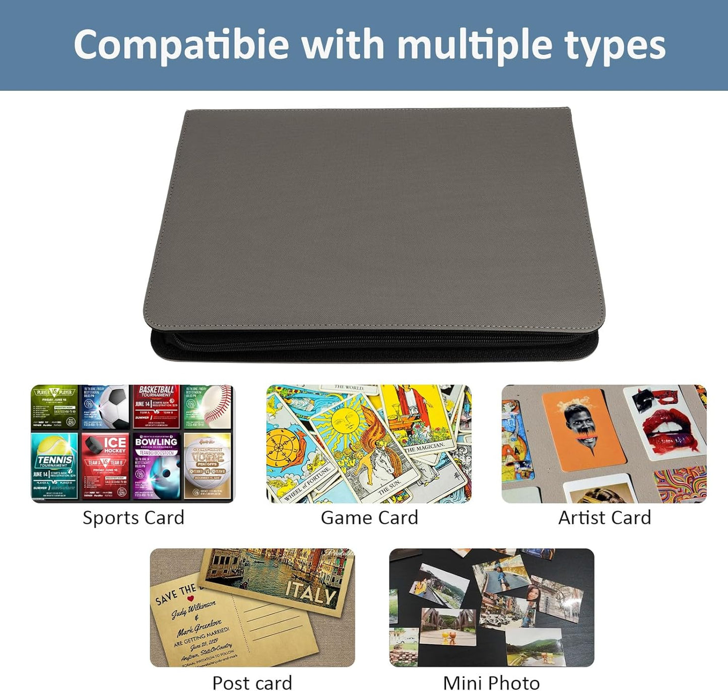 Trading Card Binder 9 Pocket with Zipper, Fvxldcz PU Cover Card Collection Binder 540 Cards Sleek Side-Loading Card Album, Sturdy Card Collection Folder for TCG, MTG, Yugioh, Sport Cards (Gray)