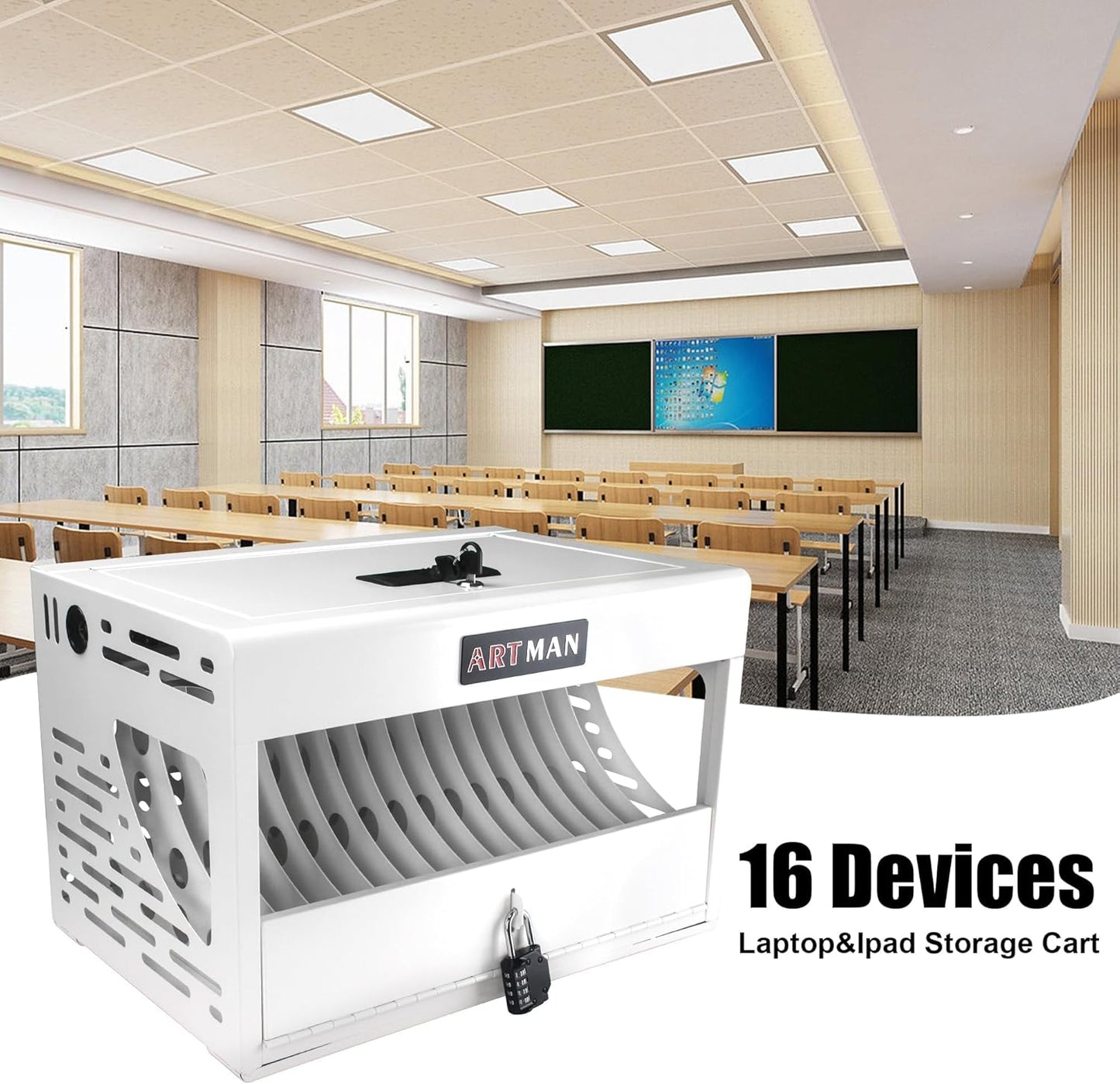 16 Device Charging Station for Laptops/Tablets/iPads/Chromebooks,16 Bay Wall-Mount Lockable Charging Cabinet with Cable Management & Power Organization,Fully Assembled Storage Cart (16 Bay-White)