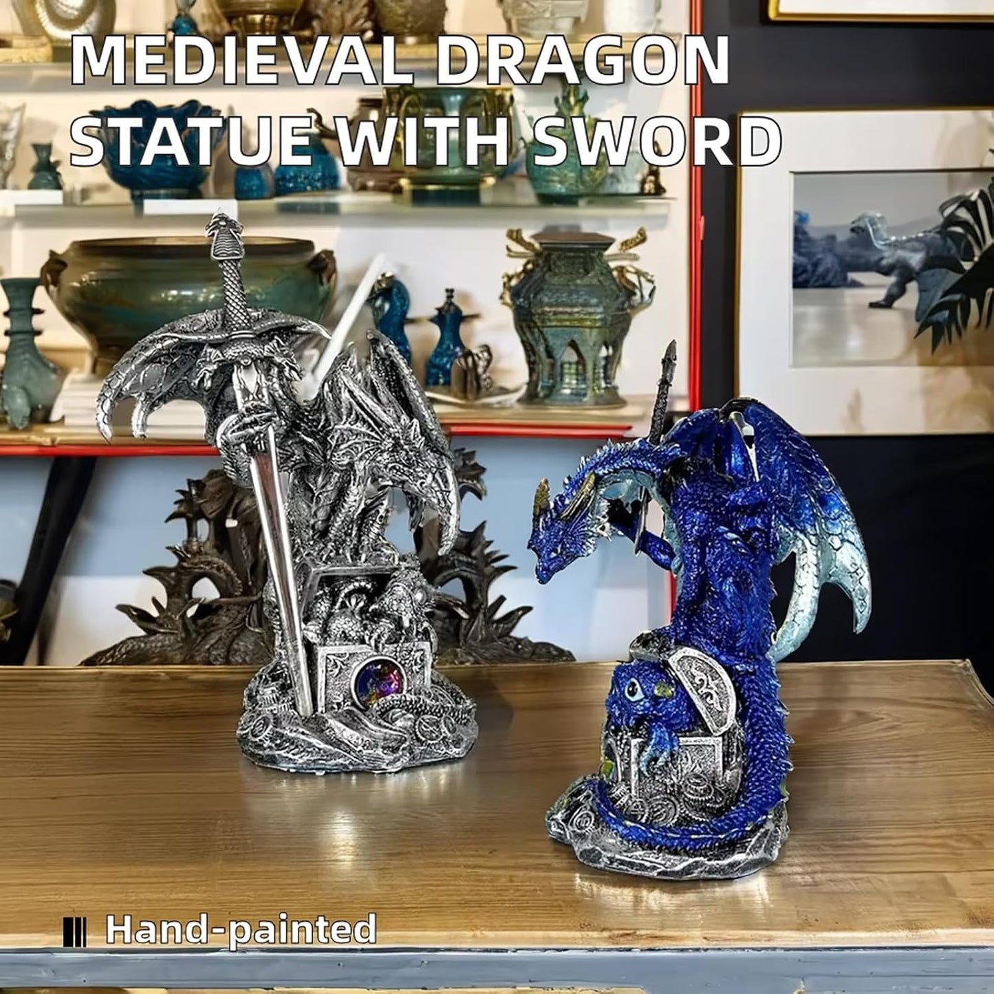 Dragon Statue Holding Silver Draconian Sword Letter Opener Figurine Dragon Sculpture Medieval Fantasy Home Office Decor 7.68 Inches (Blue)