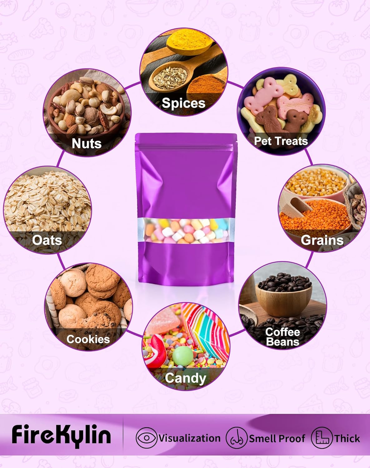 FireKylin 100 Pack Smell Proof Bags, Resealable Bags with Matte Window, Foil Pouch Stand Up Sealable Bags for Packaging(Purple,3.5" x 5.1")