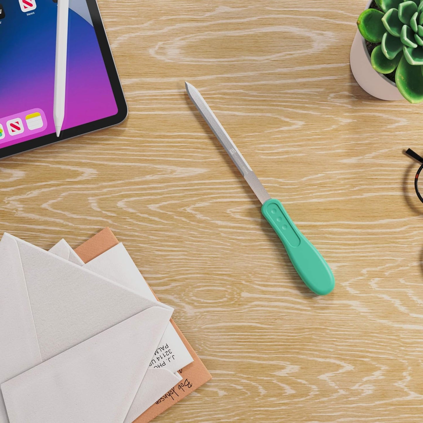 Uncommon Desks Office Letter Opener - Stainless Steel Knife-Edge Blade, Ergonomic Grip Handle (Mint Green, 3 Pieces)