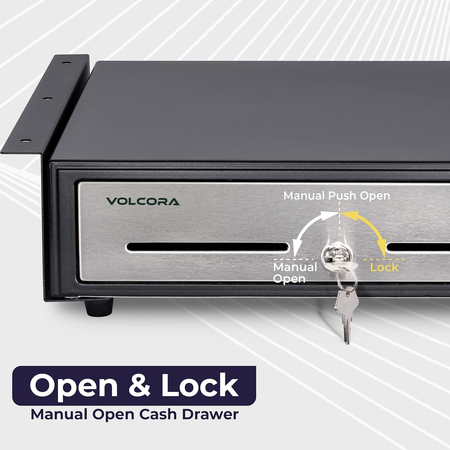 Volcora Cash Register Drawer with Under Counter Mounting Bracket- 16" Black/Stainless Steel Front Drawer for POS, Fully Removable 2 Tier Cash Tray 5 Bill 8 Coin Compartment 24V RJ11/RJ12 Key-Lock