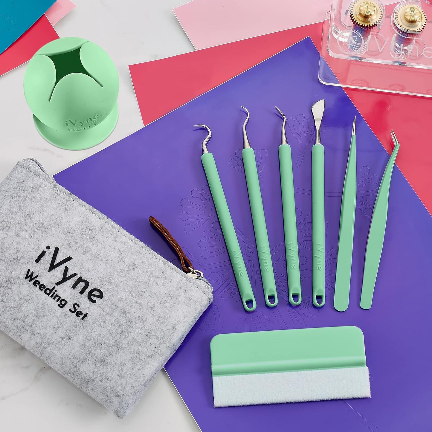 iVyne (8pcs) Premium Vinyl Weeding Tool Kit & Weeding Scrap Collector Soft Grip Tools with Berry, Weeder, Tweezers, Picker Or Hook, and Scraper Set for Silhouette Cameos & Cricut - Green