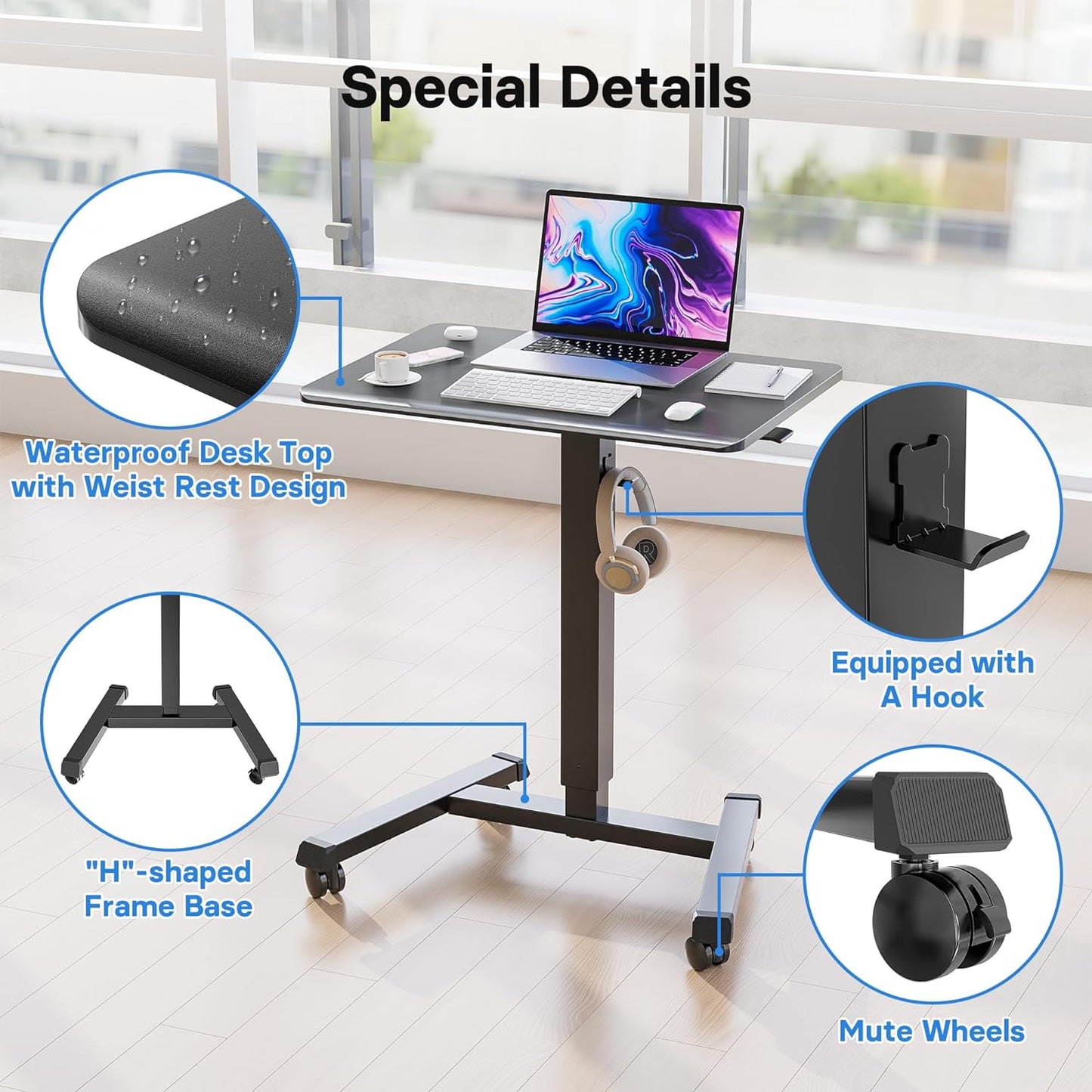 BONTEC Mobile Standing Desk Adjustable Height, Rolling Laptop Cart with Hook, Portable Workstation with Pneumatic Lift, Ergonomic Table with Wheels, Compact Home Office Desk, Black 25.6" x 17.7"