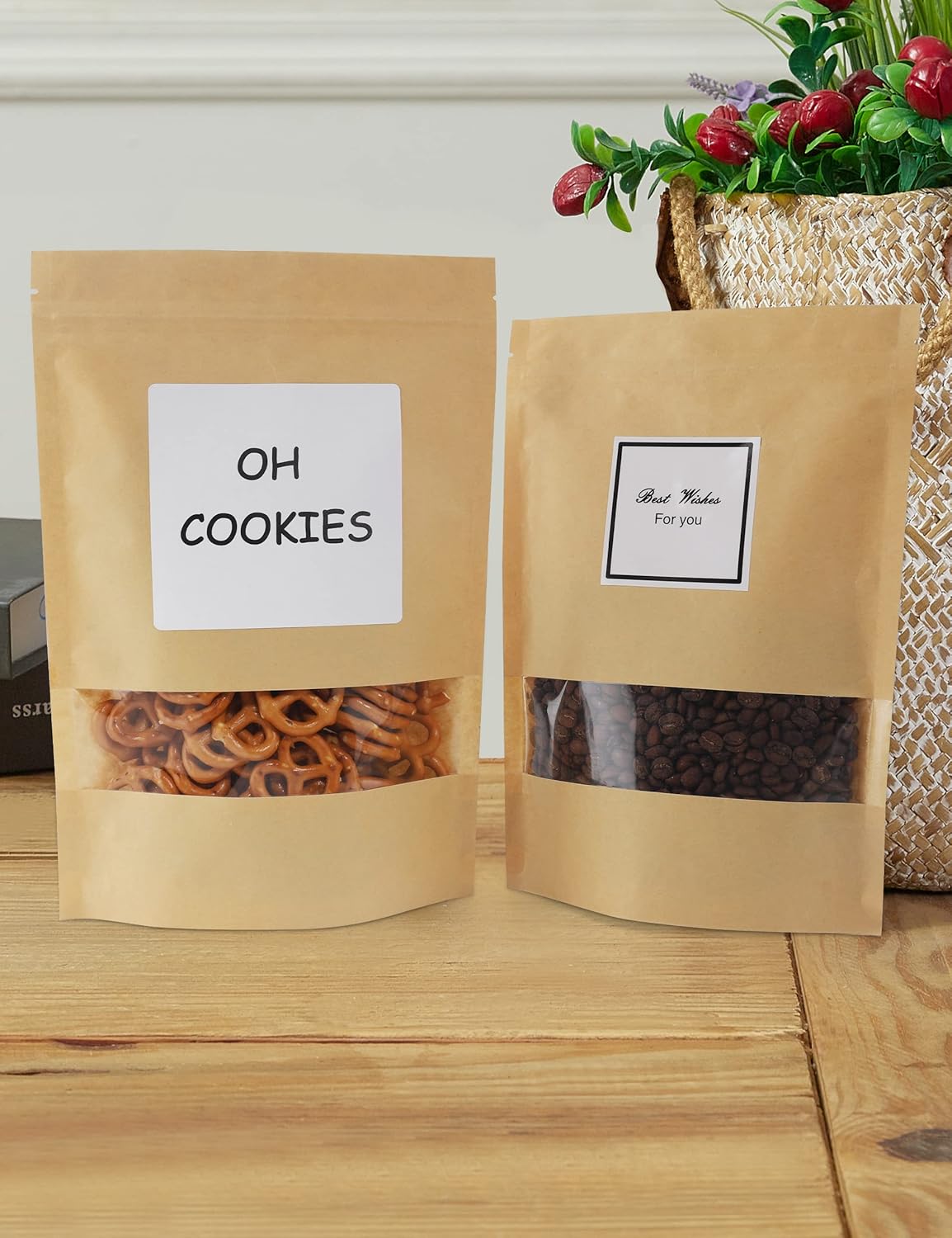 FireKylin Brown Paper Bags Stand Up Pouches Zipper Reusable Sealable 100 Pcs, with Window, 5.5" x 7.9", Food Storage Bags, for Packaging Products