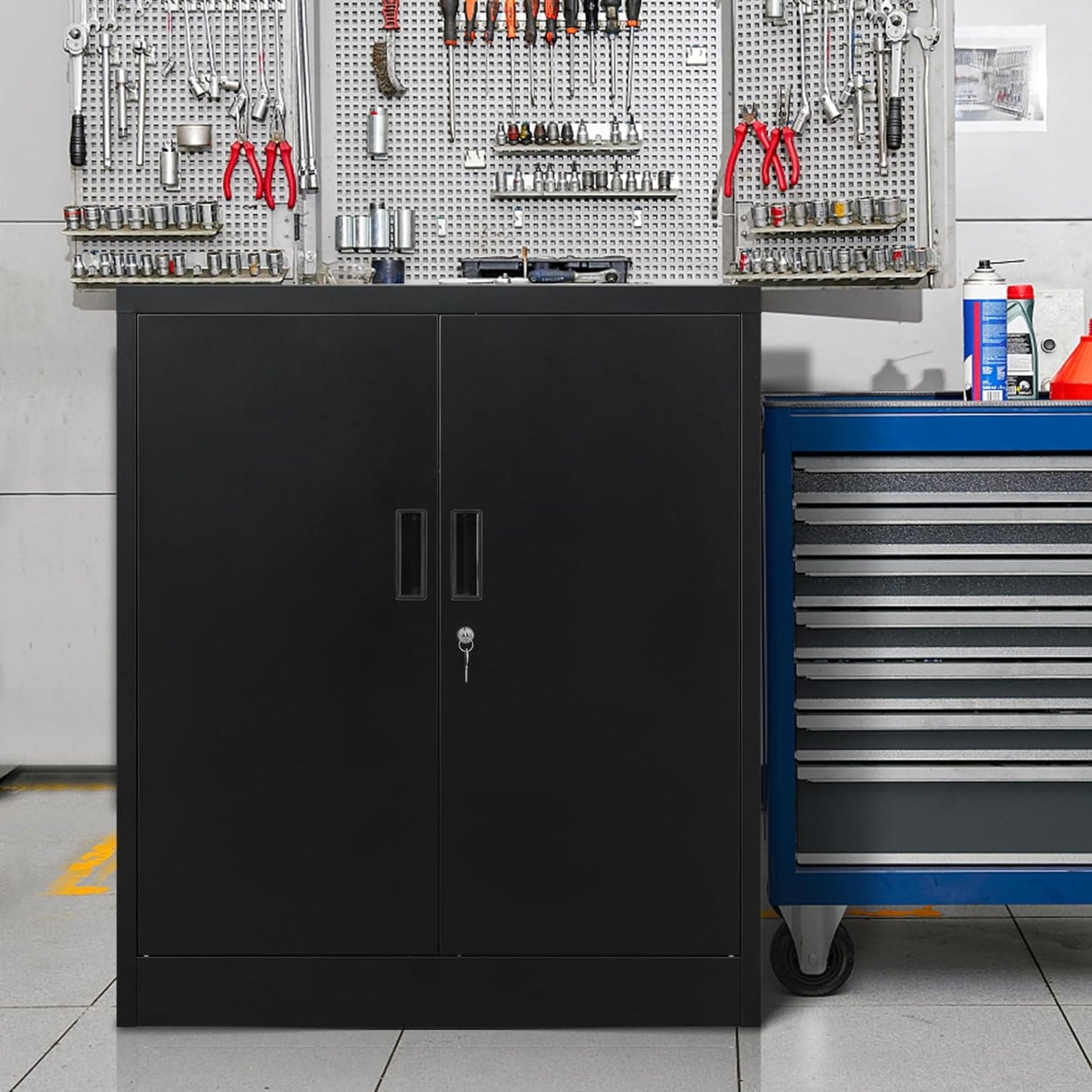 CMY Metal Storage Cabinet, 36" H Locking Storage Cabinet with Adjustable Shelves, Steel Cabinets for Garage, Home, Office, Utility Room-Black