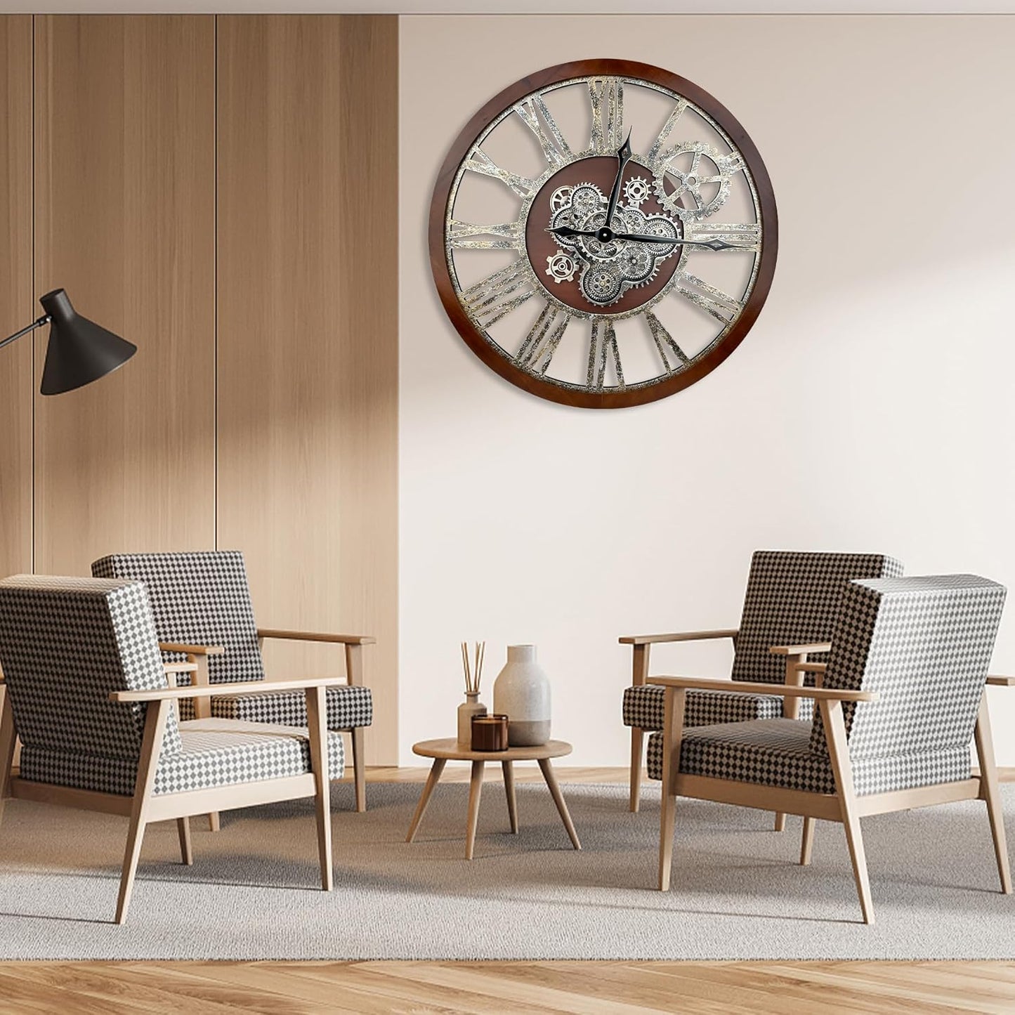 The B-Style Large Real Moving Gears Wall Clock 30 inch Rustic Retro Industrial Farmhouse Wood Clock Oversized Decorative Vintage Wall Clocks for Living Room (Walunt Wood and Bronze)