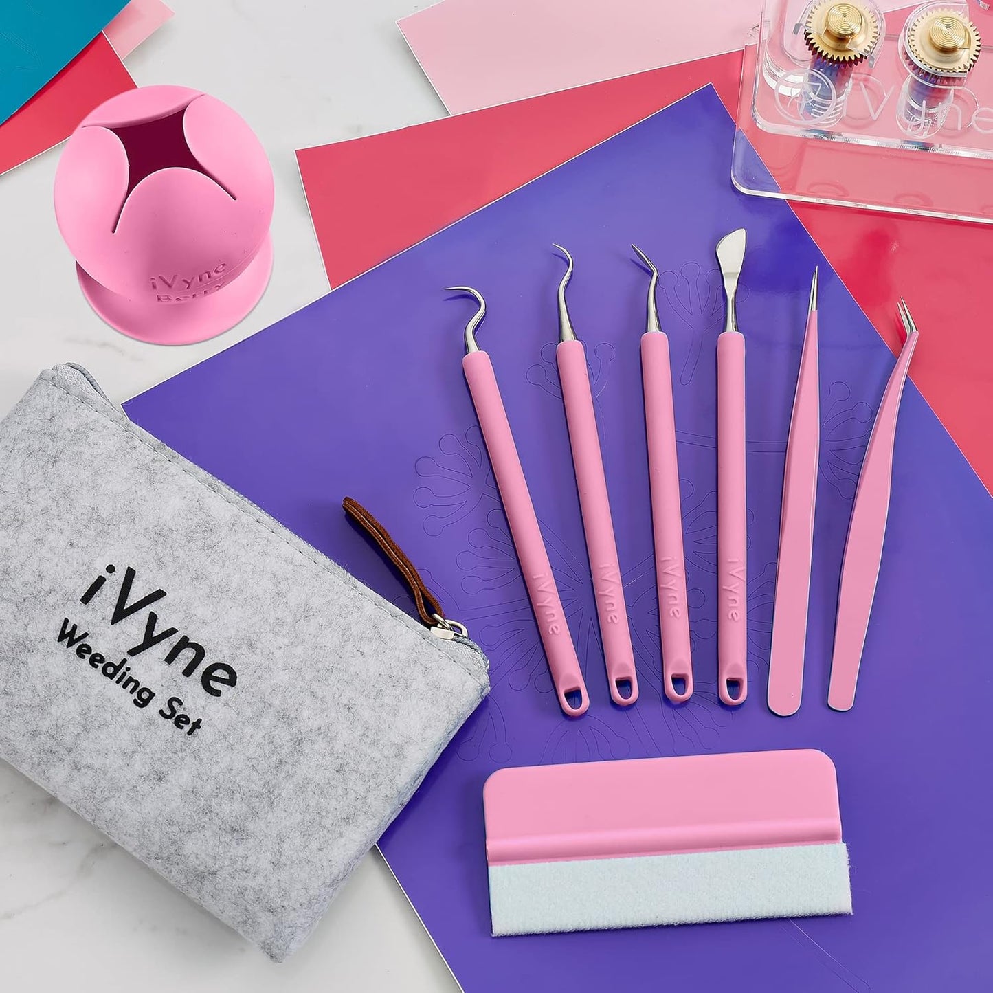 iVyne (8pcs) Premium Vinyl Weeding Tool Kit & Weeding Scrap Collector Soft Grip Tools with Berry, Weeder, Tweezers, Picker Or Hook, and Scraper Set for Silhouette Cameos & Cricut - Pink
