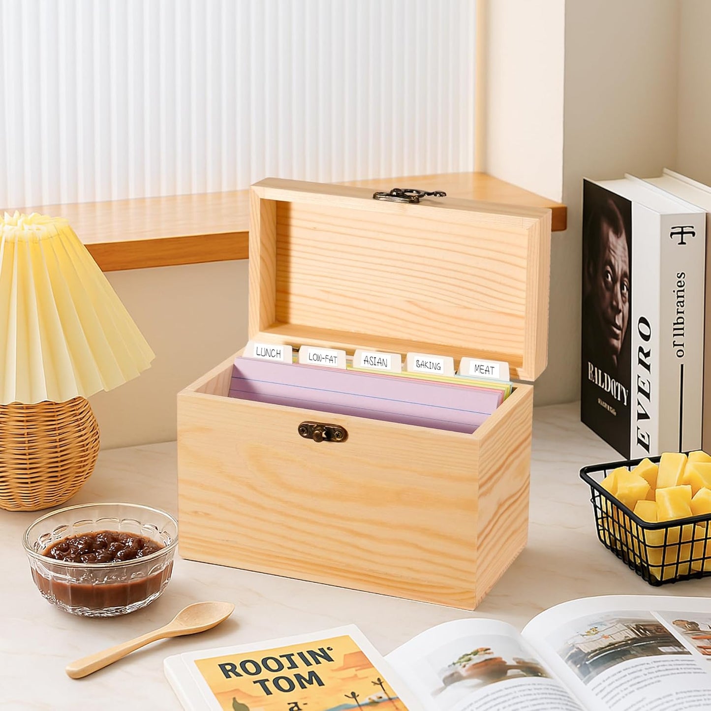 MOBYKE Index Card Holder 4x6, 100 Pcs Heavy-Duty Index Card Business Card Organizer Wooden Recipe Box with Dividers Flash Card Holder with 30 White Dividers, 1 Blank Sticker and 1 Letter Sticker