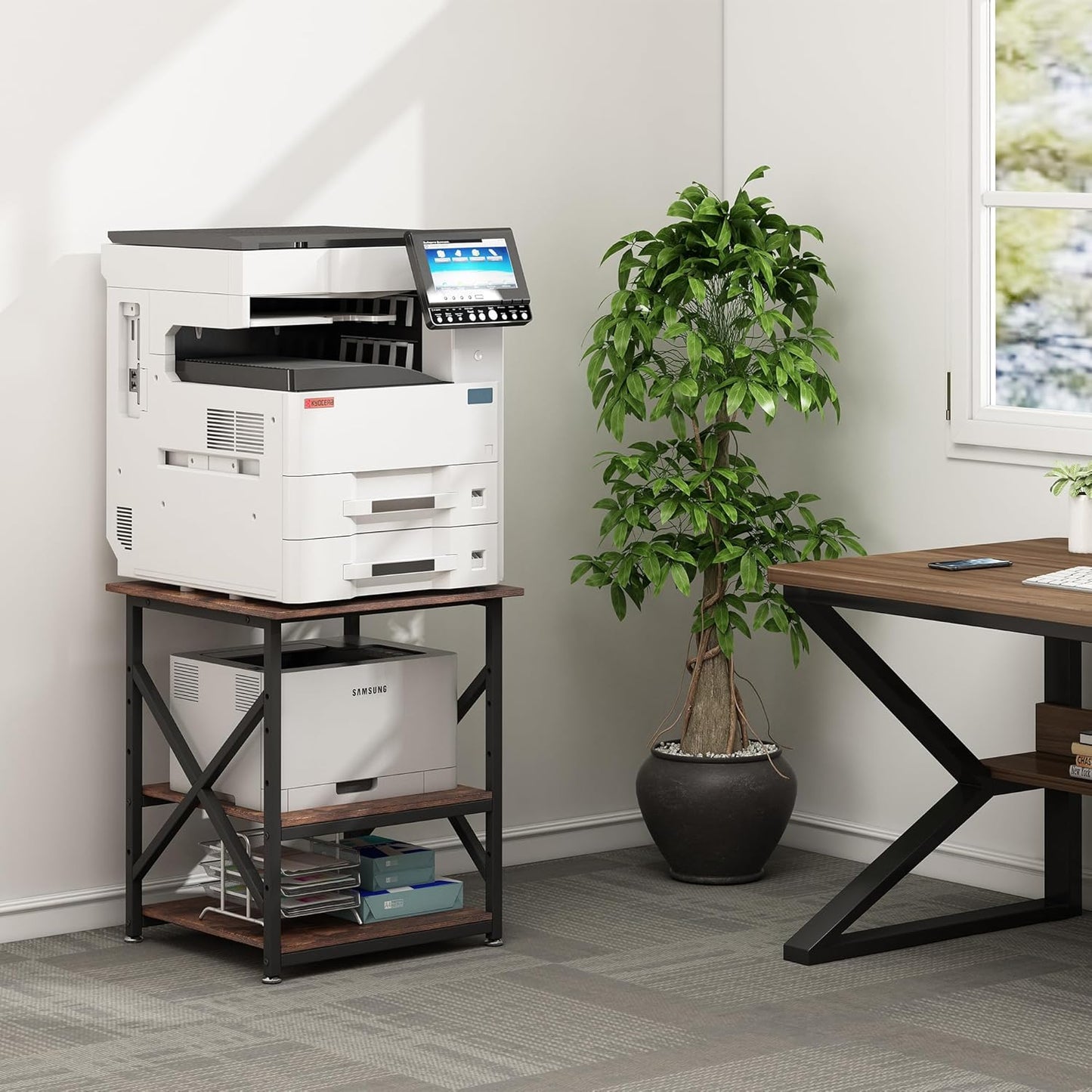 23.6 x 23.6 Inches Large Printer Stand, 3 Tier Square Printer Table with Height Adjustable Storage Shelf, Rolling Printer Cart with Industrial Wheels for Home Office - Rustic Brown