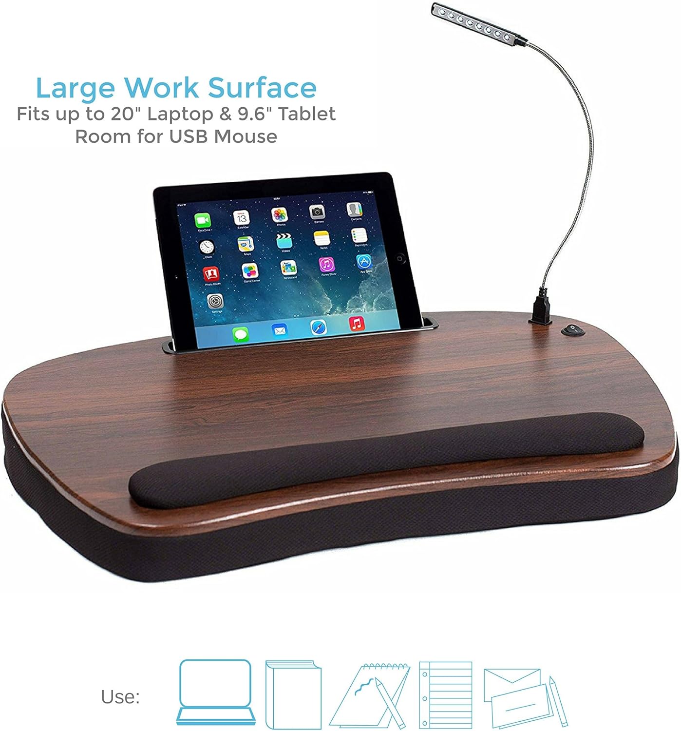 SOFIA SAM Oversized Wood Top Memory Foam Lap Desk - Padded Laptop Desk for Bed, Couch, Recliner, Portable Tray, Mouse Pad, Soft Table for Home, Travel, Fits Tablets and Laptops Up to 20 inches - Black