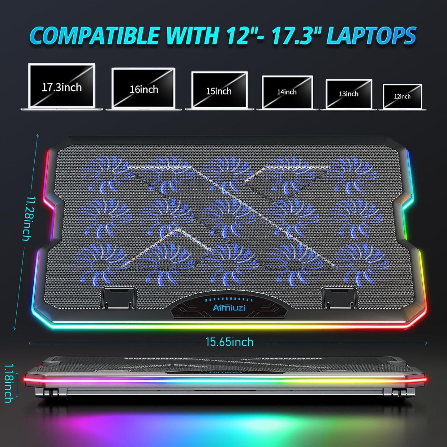 Gaming Laptop Cooling Pad, Laptop Cooler with 15 Quiet Fans for 12-17.3 Inch Notebook, Slim Portable Laptop Cooling Stand with 7 Height Adjustable, 2 USB Ports, Phone Stand