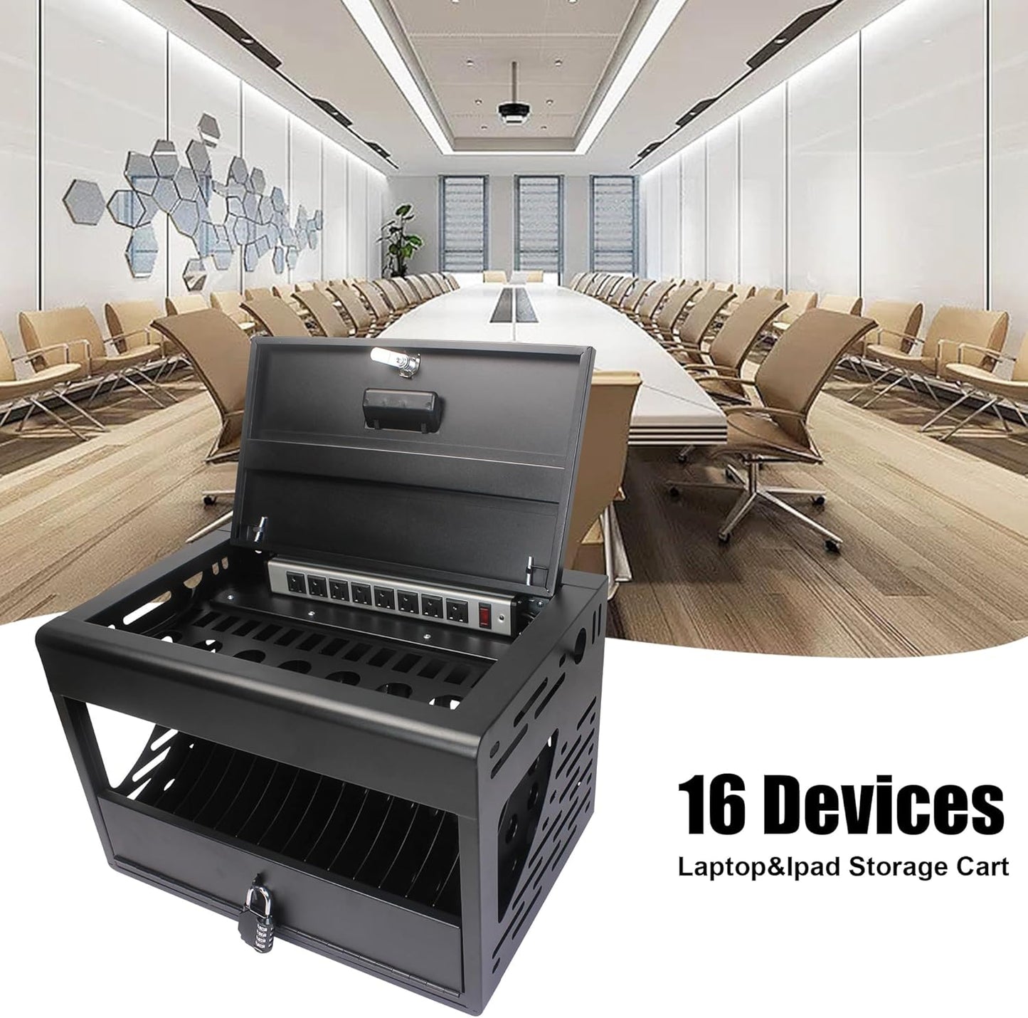 16 Device Charging Station for Laptops/Tablets/iPads/Chromebooks,16 Bay Wall-Mount Lockable Charging Cabinet with Cable Management & Power Organization,Fully Assembled Storage Cart(16 Bay-Black)