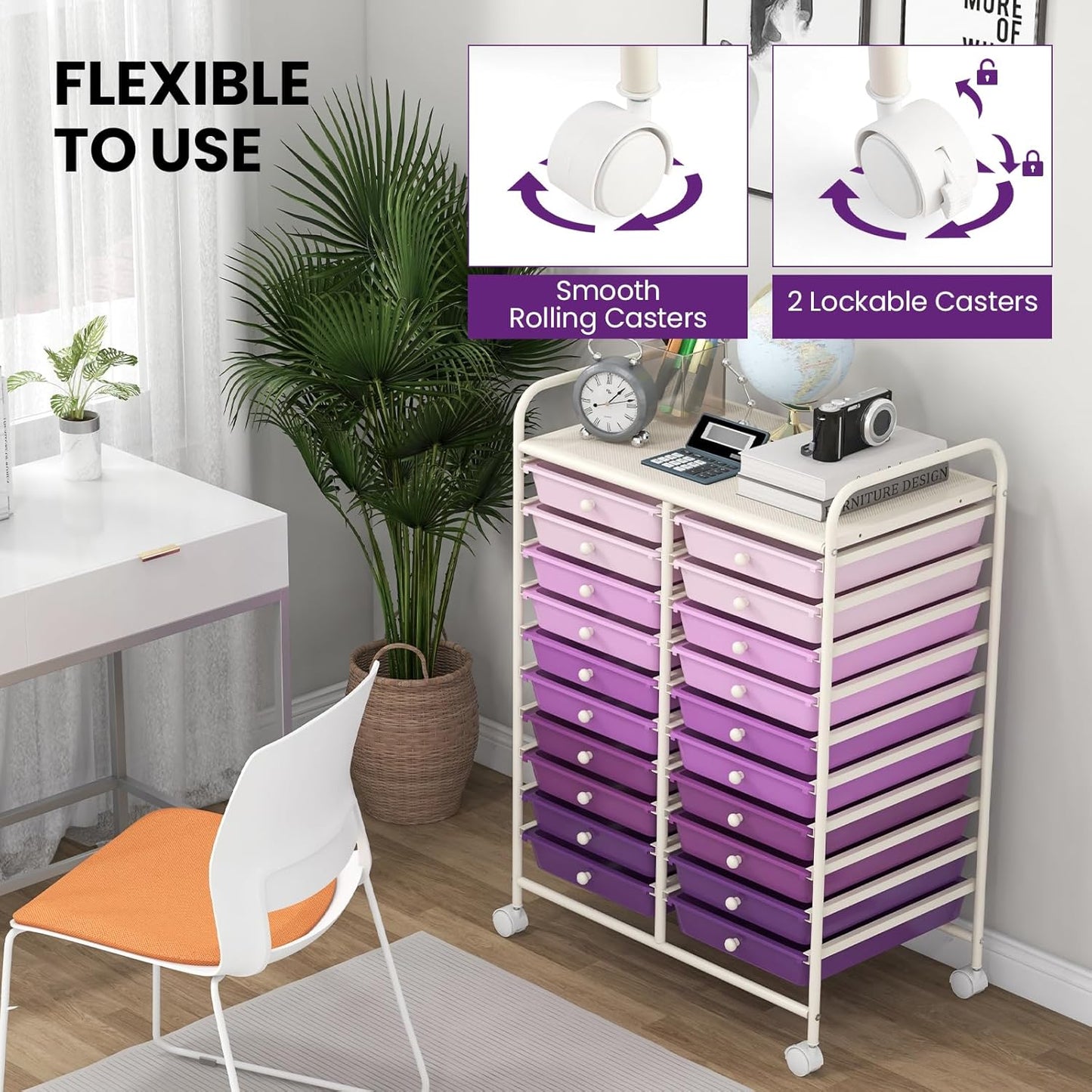 Giantex 20 Drawers Rolling Cart, Mobile Storage Drawer Cart, Classroom Organizer Cart for Office School Supplies Tools Scrapbook Paper Craft Small Printer, Utility Cart on Wheels, Gradient Purple