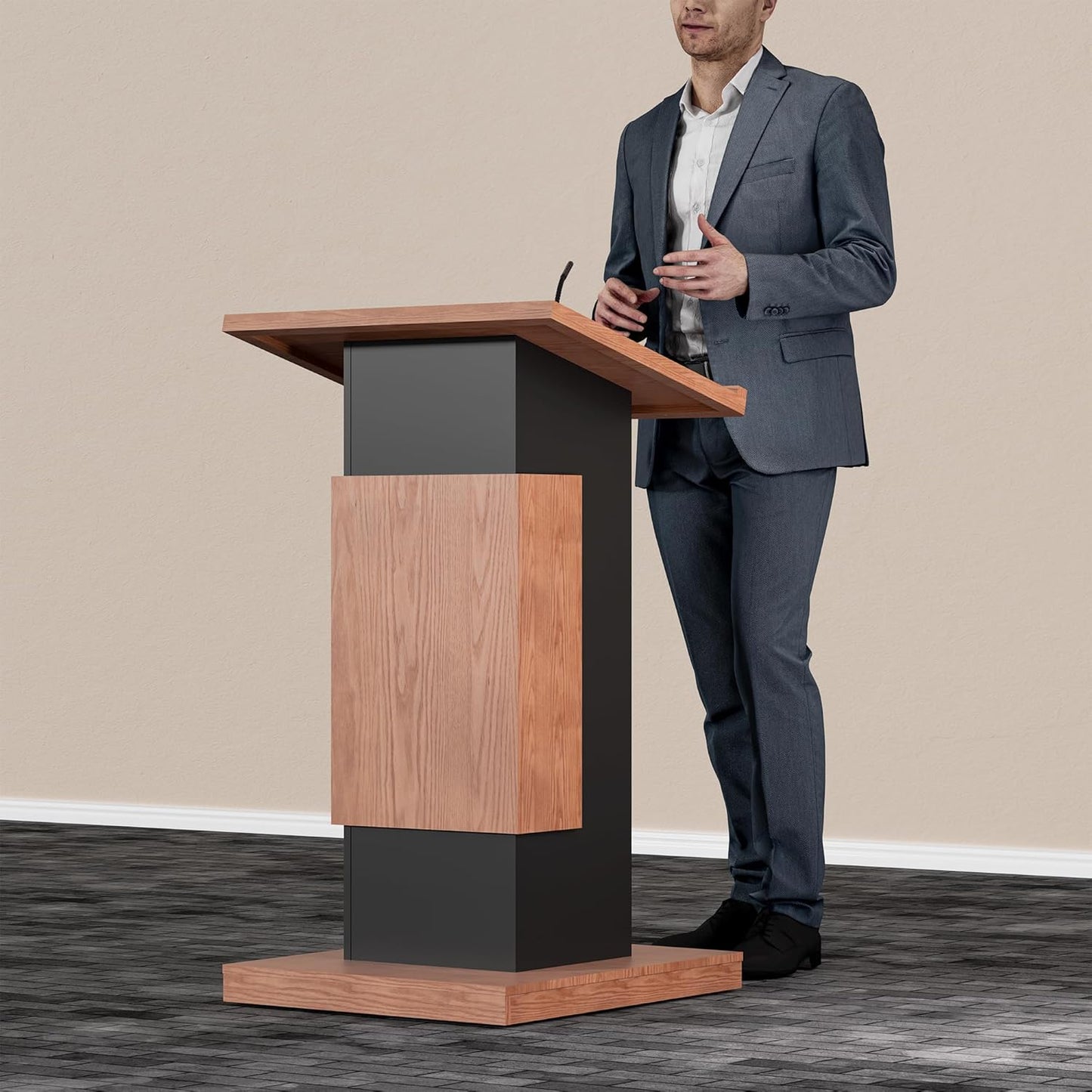 Podium Stand with Lockable Wheels,Wood Lectern,15MM Particle Board,Church Pulpit with Storage, Mic Stand Space,Wooden Podium for Restaurants,Churches,Seminars and Schools (Original)