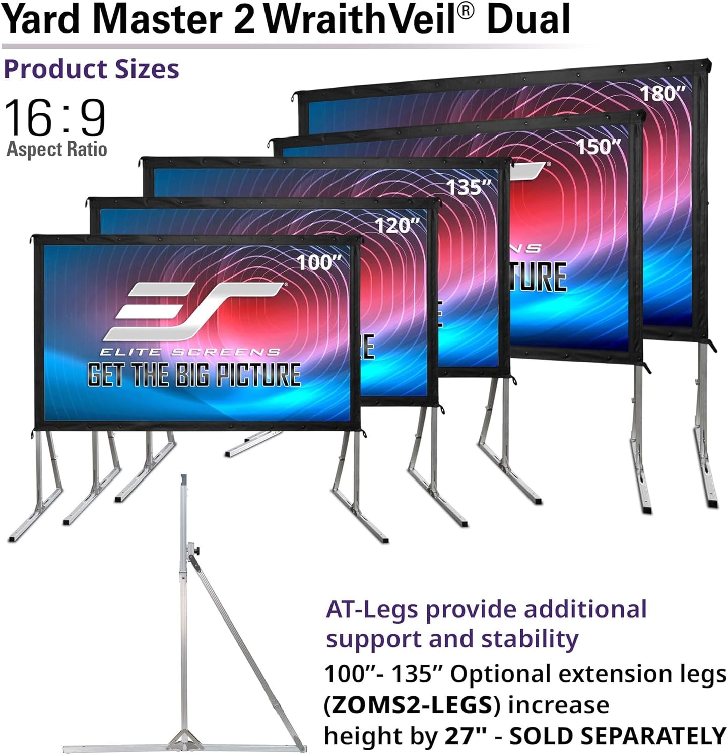 Elite Screens Yardmaster 2 DUAL Projector Screen, 135-INCH 16:9, Front and Rear Wraith Veil 4K / 8K Ultra HD, Active 3D, HDR Ready Free Standing Outdoor Movie Screen, OMS135H2-DUAL