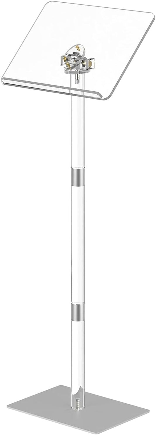 HMYHUM Small Acrylic Podium Stand, Angle Adjustable, 15.7" L x 11.8" W x 42.3" H, Modern Lecterns & Pulpits for Classroom, Concert, Church, Speech, Easy Assembly, Metal Base, Clear