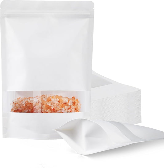 100 Pcs White Paper Bags with Window, 6.7" x 9.4" Stand Up Pouches, Zipper Food Storage Bags for Packaging Products, Reusable, Sealable