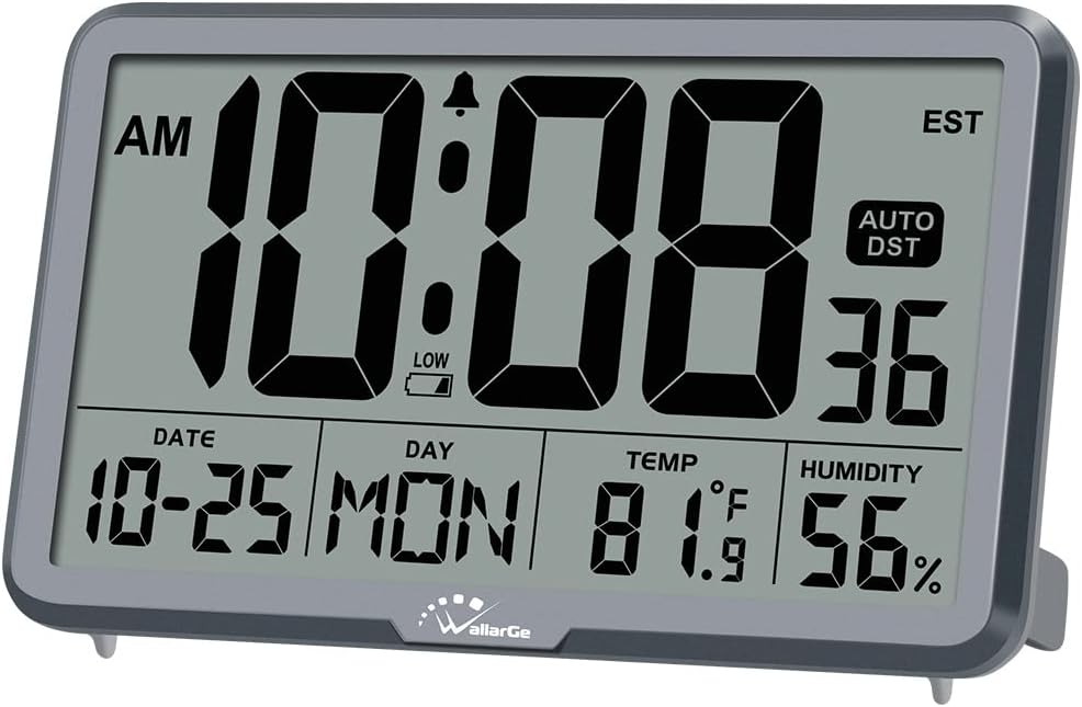 WallarGe Auto Set Digital Wall Clock Battery Operated, Desk Clocks with Temperature, Humidity and Date, Large Display Digital Calendar Alarm Clock for Elderly, Bedroom, Office, 8 Time Zone, Auto DST.
