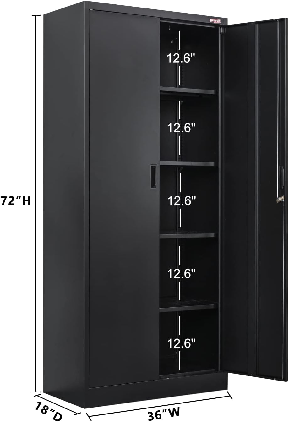 BESFUR Metal Storage Cabinet, 72" H x 36" W x 18" D Garage Storage Cabinet, Adjustable Shelves and Locking Doors for Office, School, Garage - Black
