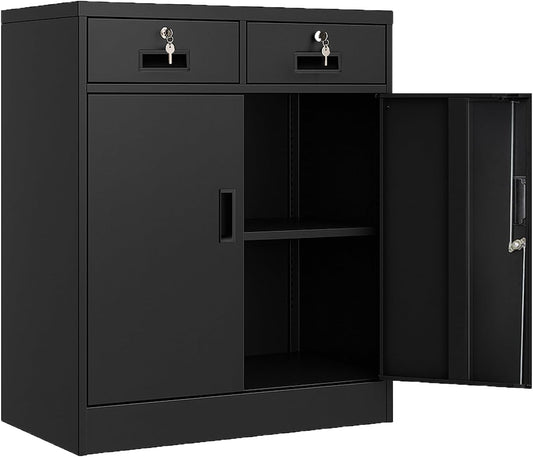 BESFUR Metal Garage Storage Cabinet 36" H, Black Steel Locking Cabinet with 2 Drawers,2 Lockable Doors and Adjustable Shelves Easy to Assemble for Home Office, Garage,School, Apartment, Warehouse