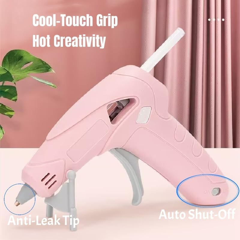 NEX&CO Pink Cordless Hot Glue Gun Kit for Kids, Mini Rechargeable Battery & Anti-Drip, Auto Power-Off & Lightweight w/ 30 pack 7mm Rainbow Glue Sticks, Child-Safe for Classroom Crafts, Art Projects