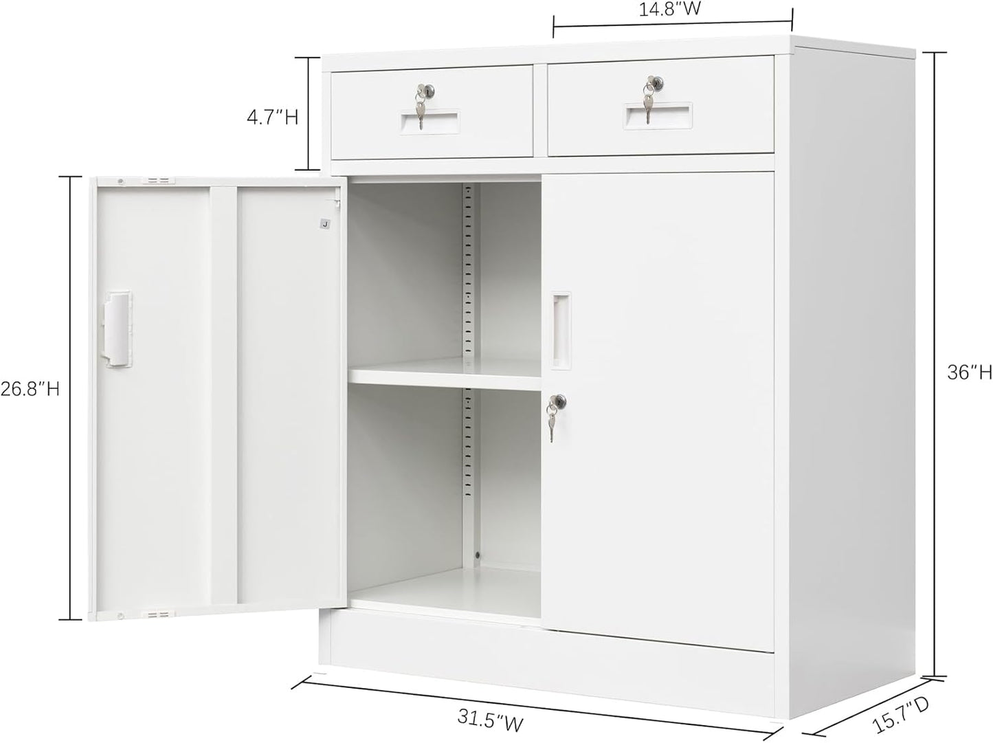 BESFUR Metal Storage Cabinet with 2 Drawers 36" H, Small Lockable Steel Storage Cabinets with 2 Lockable Doors and Adjustable Shelves Easy to Assemble for Home Office Garage Kitchen Pantry White