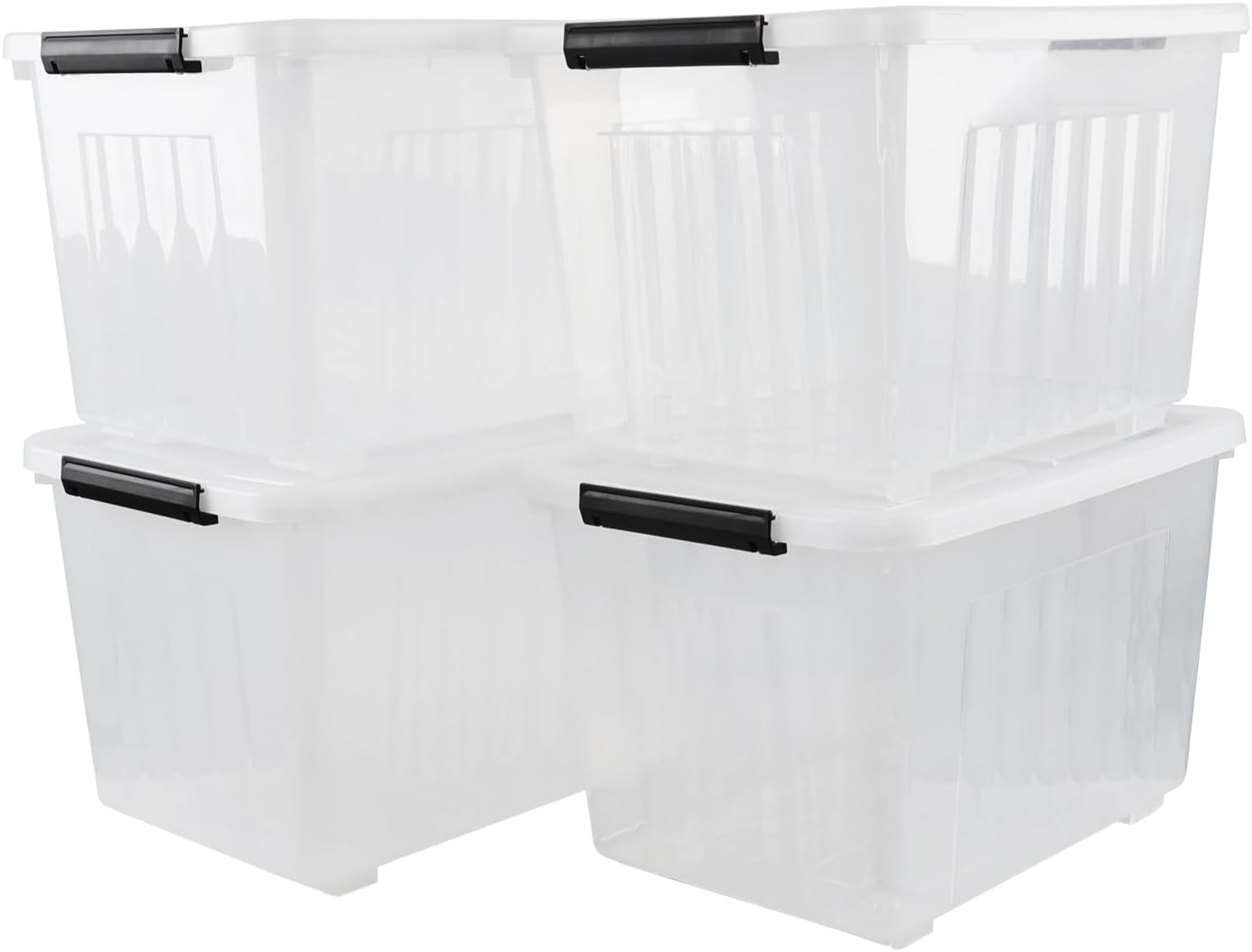 50 Quart Clear Storage Container with Lids and Wheels, 4-Pack Clear Plastic Latching Bins