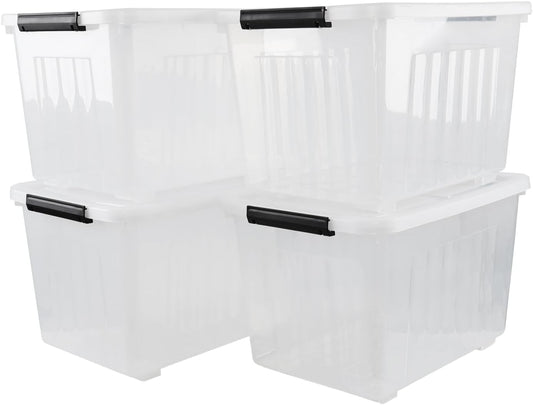50 Quart Clear Storage Container with Lids and Wheels, 4-Pack Clear Plastic Latching Bins