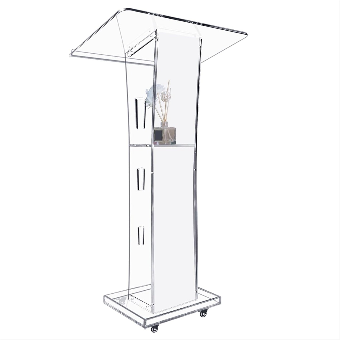 Acrylic Podium Stand, Ultra Clear 43'' Pulpits for Churches with 15 Color Adjustable, Modern Lectern with Storage Sheld for Church,Conference,Speech,Classroom, 23.62”x 15.75”X 43.3” (with Wheels)
