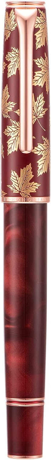 Hongdian N8 Red Acrylic Resin Fountain Pen, Iridium Medium Nib Rose Gold Trim Maple Leaf Carving Cap, Smooth Writing Pen with Converter and Metal Pen Box Set
