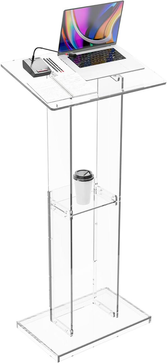 Dethan Acrylic Clear Lecterns Podium Stand, 50 Inch - Pulpits for Classrooms, Weddings, Churches, Conference, Speeches, Professional Presentation Podiums with Storage Shelf (Transparent)