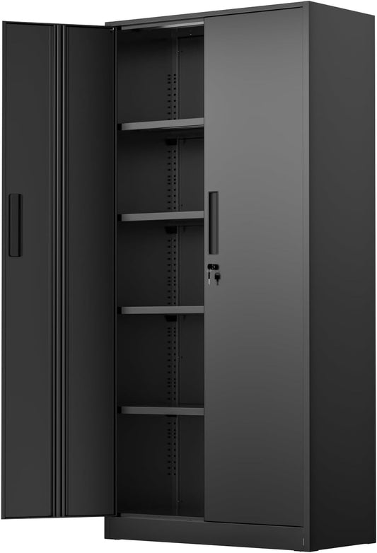 SUNCROWN 72" Metal Storage Cabinet - Heavy-Duty Metal Garage Cabinet with 4 Adjustable Shelves & 2 Doors for Tools, Office, Home, Workshop,Black-Small