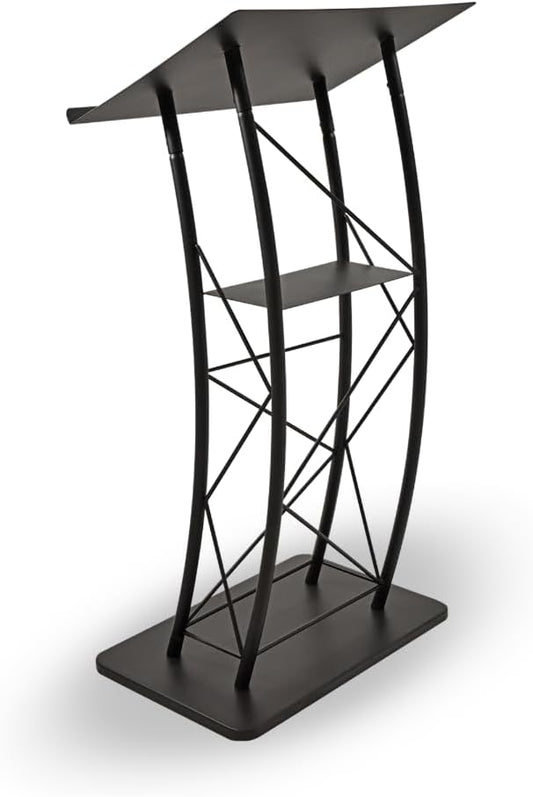 Kingdom KMLSTL Large Curved Metal Lectern with Durable Powder Coat Finish and a Built in Shelf - Black