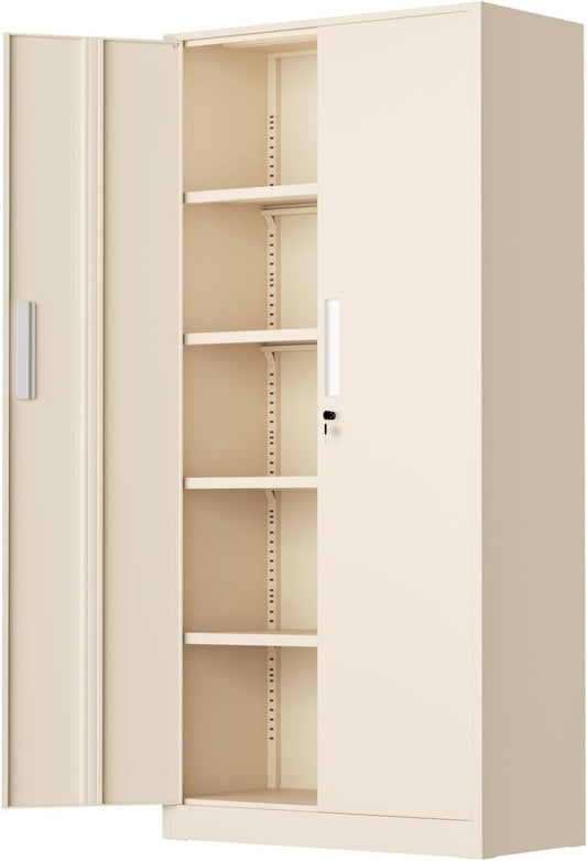 SUNCROWN 72" Metal Storage Cabinet - Heavy-Duty Metal Garage Cabinet with 4 Adjustable Shelves & 2 Doors for Tools, Office, Home, Workshop,Warm Grey-Small