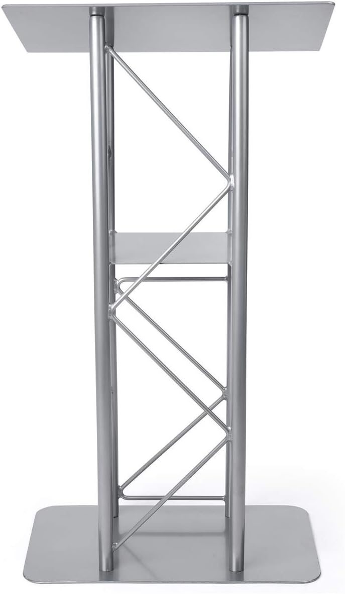 Silver Aluminum & Steel Truss Lectern with Curved Design and Built-in Shelf, 47 inches Tall