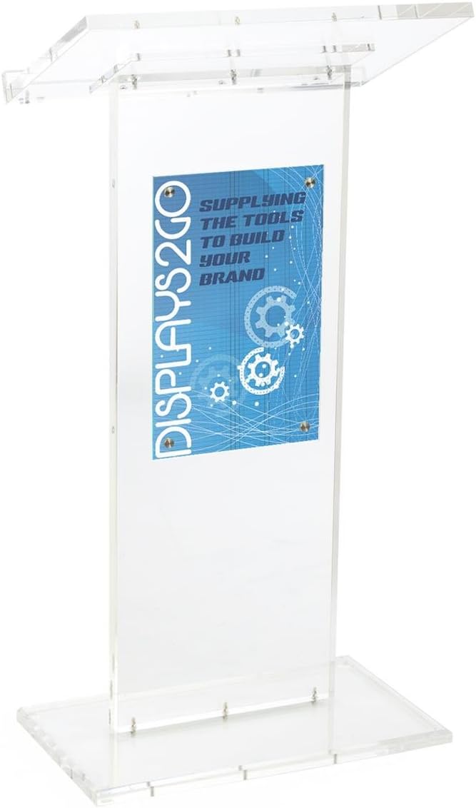 Displays2go Clear Acrylic Lectern with Signage, Floor Standing – Clear, Silver (LCTSLAB1117)