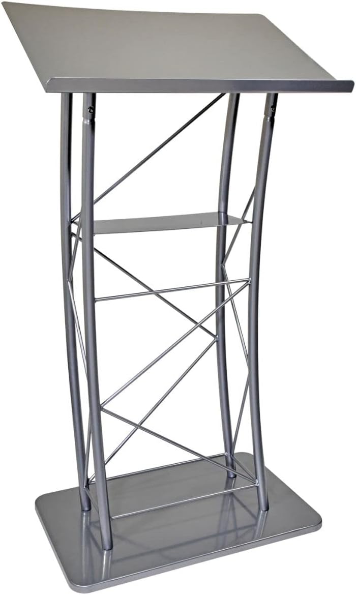 Kingdom KML2S Large Curved Lectern with Shelf, Stand Up Church Pulpit, Slanted Lectern, Conference Podium for Speakers, Speeches, and Other Occasions- Truss Lectern, Silver Powder Coat Finish, Metal