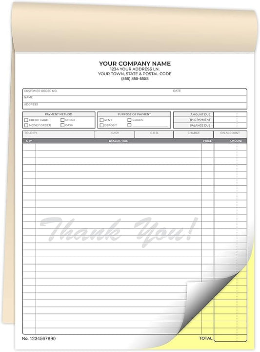 Custom 5.5" X 8.5" Invoice Receipt Book, Carbonless NCR Invoice Book in 2-Part Duplicate Receipts, Estimates, Purchase Orders, Sales Orders (White/Yellow, 200 Sets)